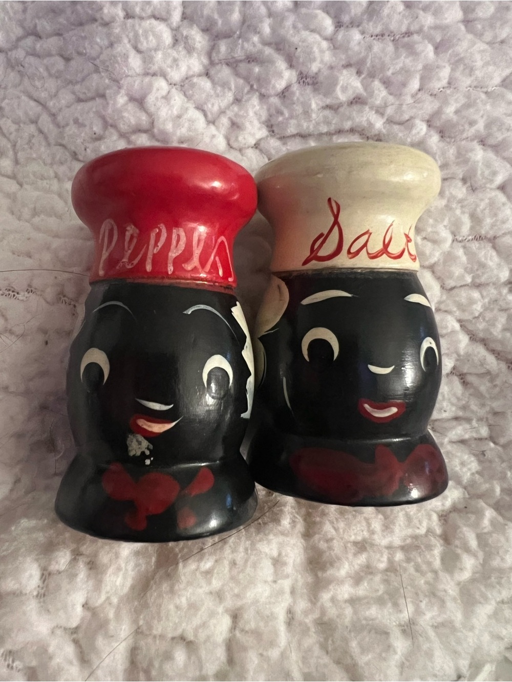 Vintage Black Americana Salt & Pepper Shakers - Red and Cream Wood Set of 2
